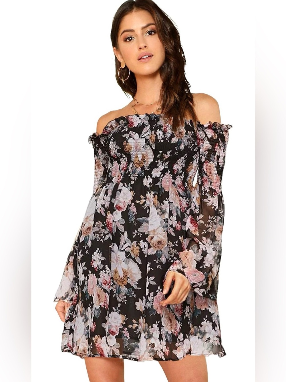Romwe Women's Casual Floral Print Off Shoulder Trumpet sleeve swing dress
